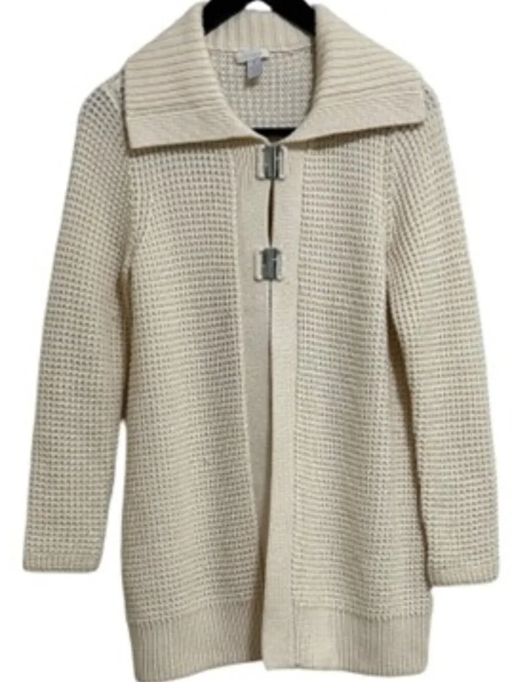 Chico's Long Open-Knit Cream Cardigan with Metal Buckle Closures - Size 1 /US 8 - Picture 4 of 12